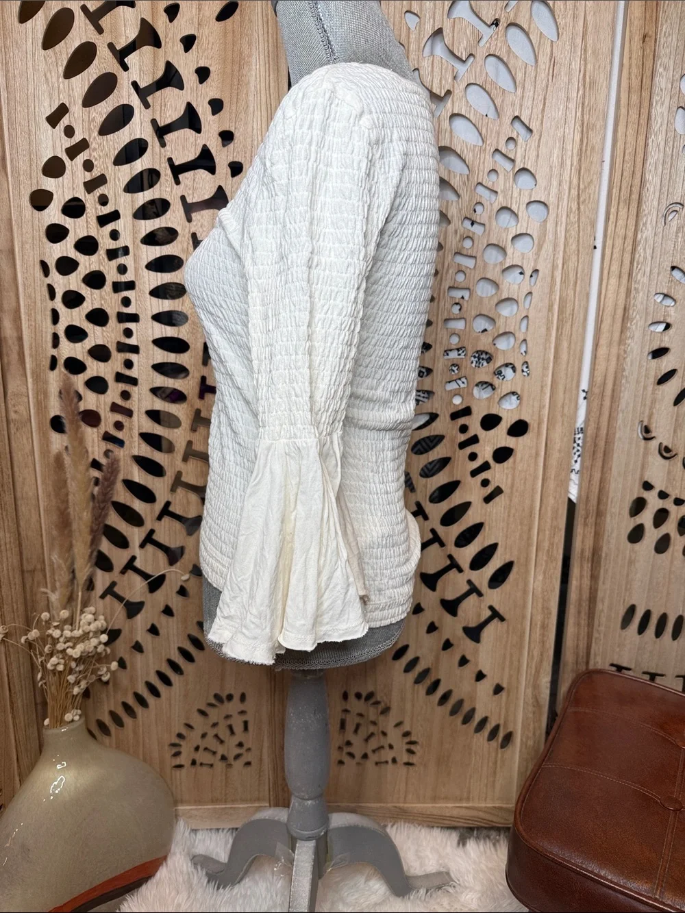 Anthropologie Cream Smocked Bell-Sleeve Scoop Neck Top